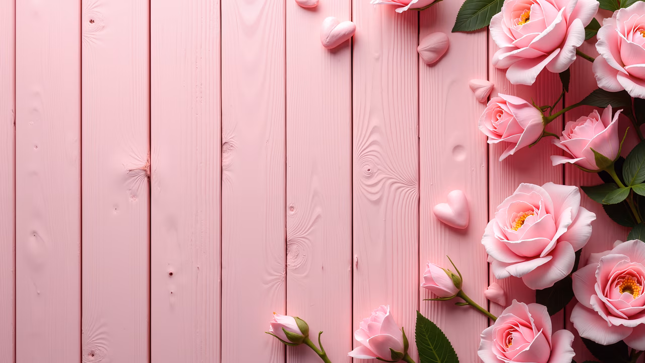 Romantic floral illustration with pink roses and hearts on a wooden background.