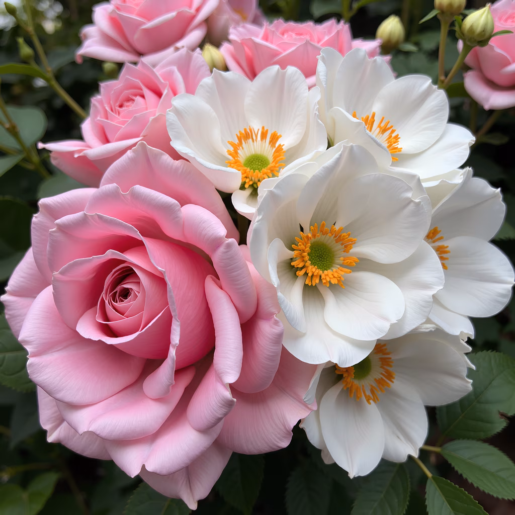 A stunning close-up of pink roses and white dahlias, highlighting their natural beauty and elegance.