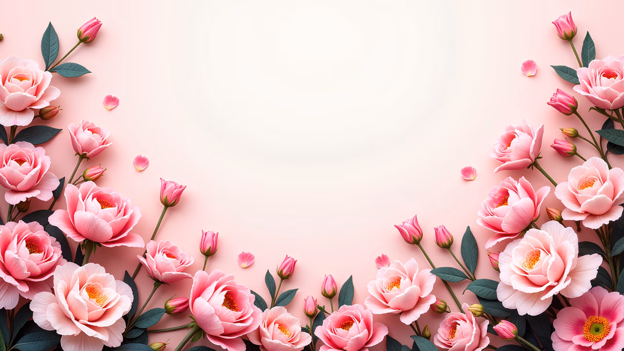 Romantic floral arrangement with pink roses on a soft pink background.