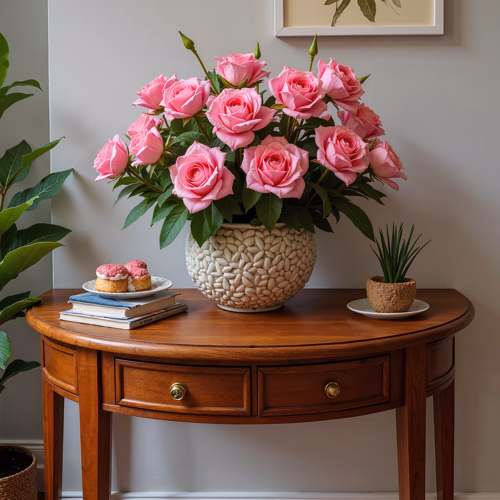 Vibrant pink roses in a textured ceramic vase on a wooden console table, featuring cakes and books.