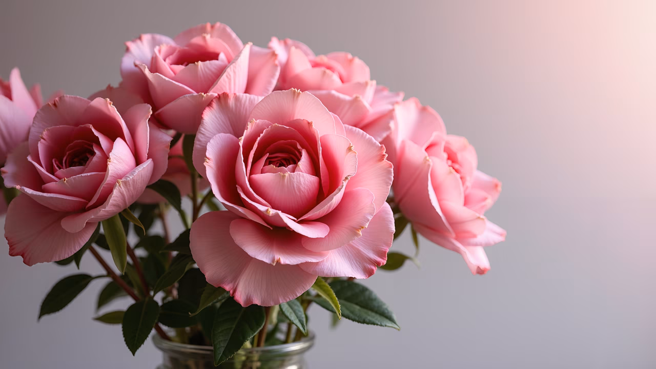 Close-up of pink roses in a glass vase, highlighting their delicate petals and lush green leaves.