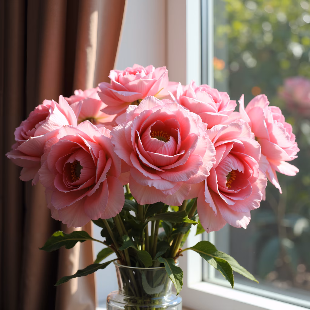 Vibrant pink roses in a glass vase, soft light, delicate petals, green leaves, blurred background
