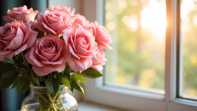 Pink Roses in Glass Vase