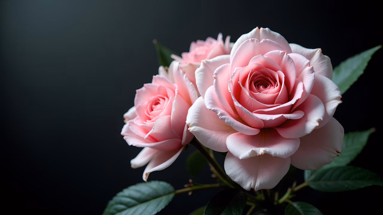 Delicate pink roses in full bloom with dark background, highlighting subtle gradients of pink.