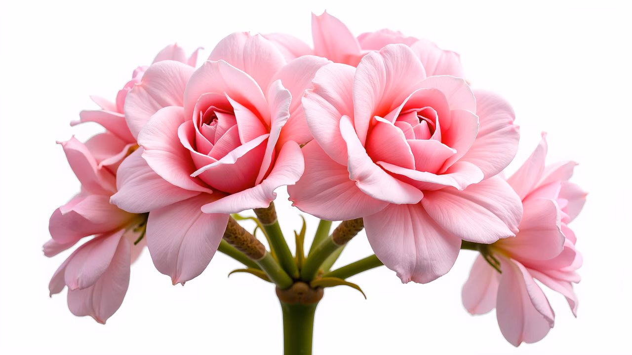 Delicate pink roses in full bloom, showcasing their intricate petal structures and vibrant hues against a soft white background.