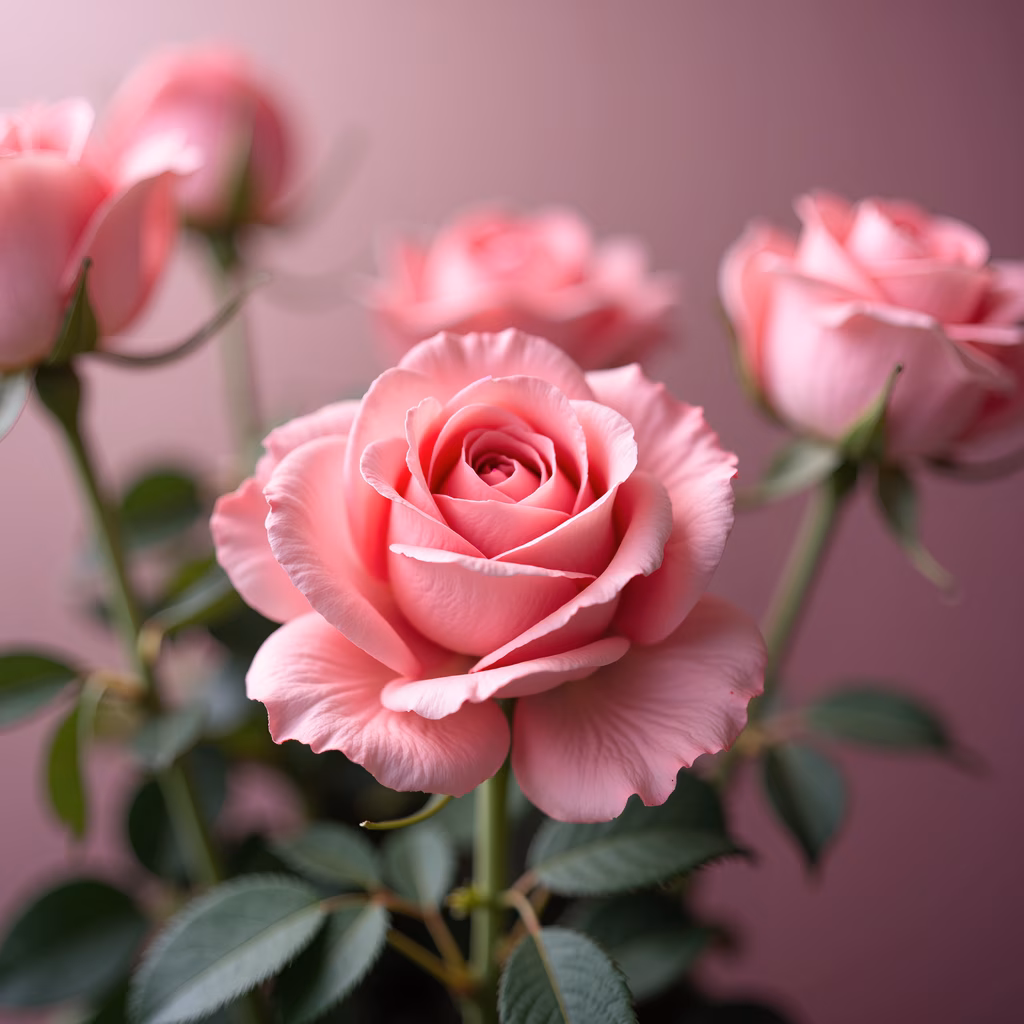 Close-up of pink roses in full bloom, soft petals, vibrant hues, romantic atmosphere