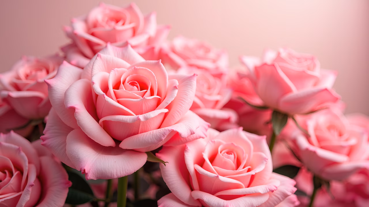 Delicate pink roses captured in a realistic style, enhancing their texture and subtle gradients of pink hues.