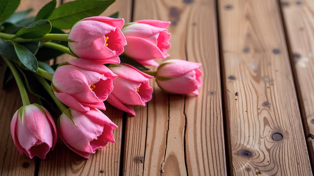 Pink Tulips on Wooden Table