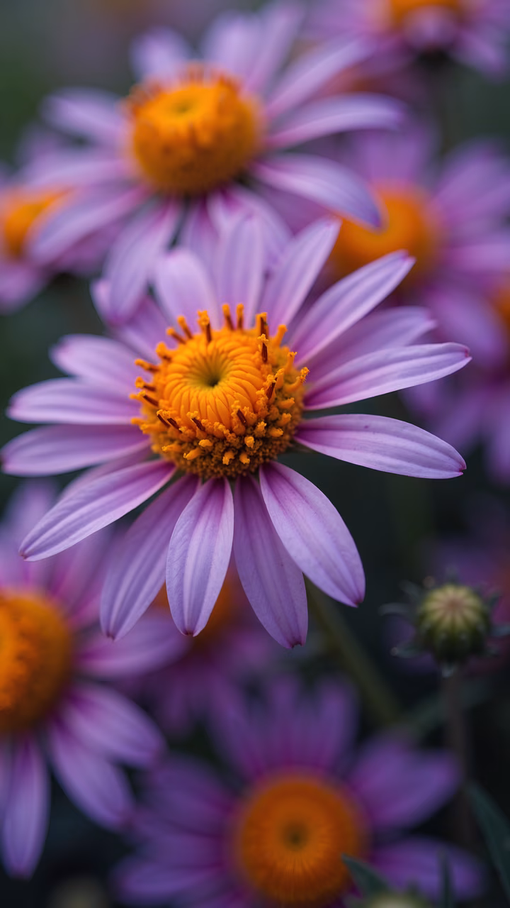Close-up of purple aster flowers with vibrant yellow centers, soft focus background, natural beauty