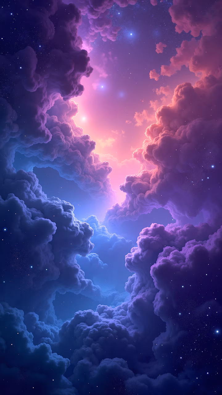 Mesmerizing sky with swirling purple and blue clouds, set against a starry night backdrop.