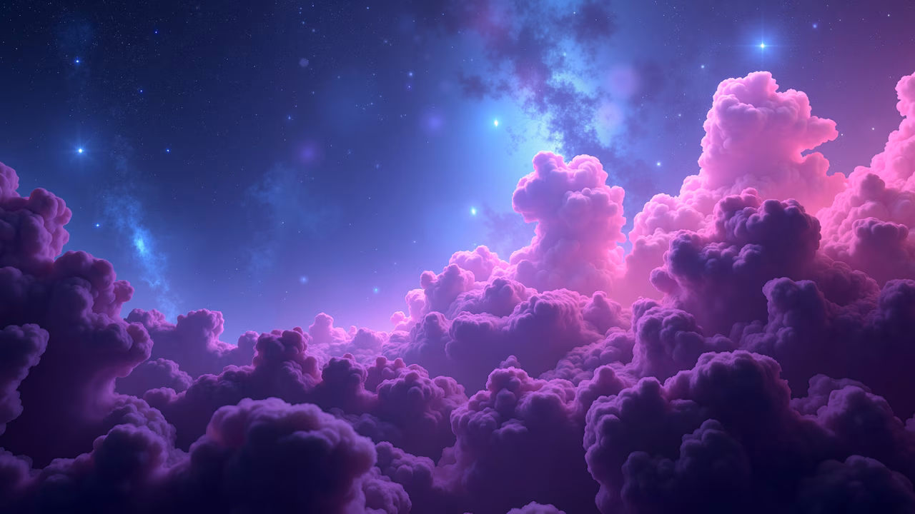 Vibrant purple clouds in a starlit sky, ethereal and dreamy