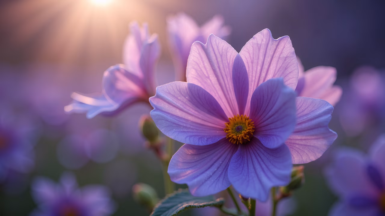 A close-up illustration of a purple flower with soft pastel hues and intricate details, set against a dreamy, blurred background.