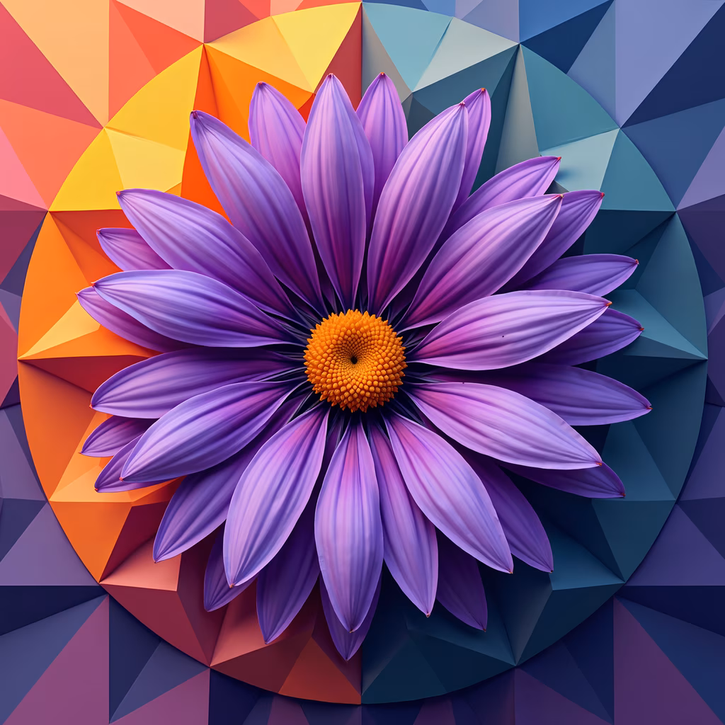 Vibrant purple flower with detailed petals and a bright yellow center on a geometric background of various shades of orange, yellow, blue, and purple triangles.