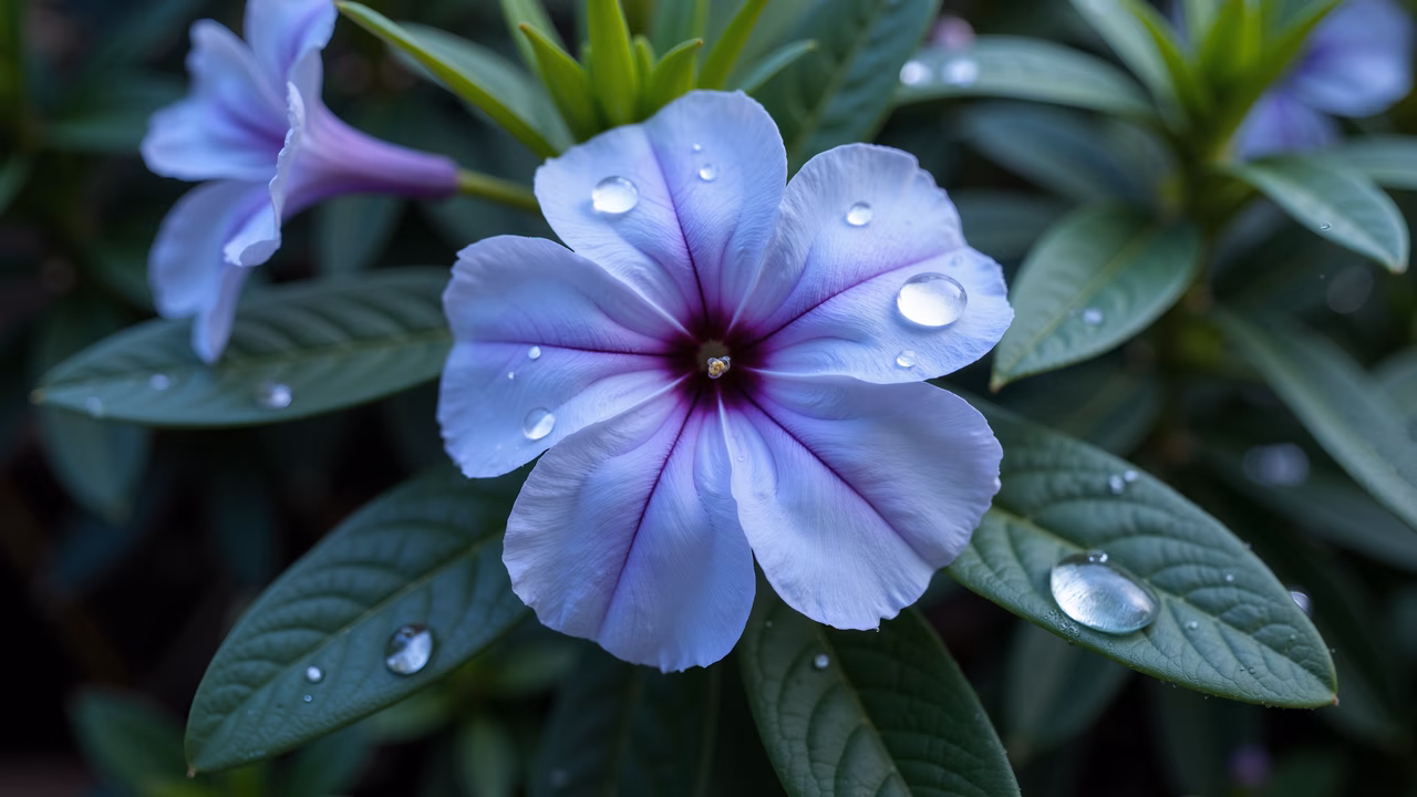 Close-up of a vibrant purple flower with dew drops, surrounded by lush green leaves.