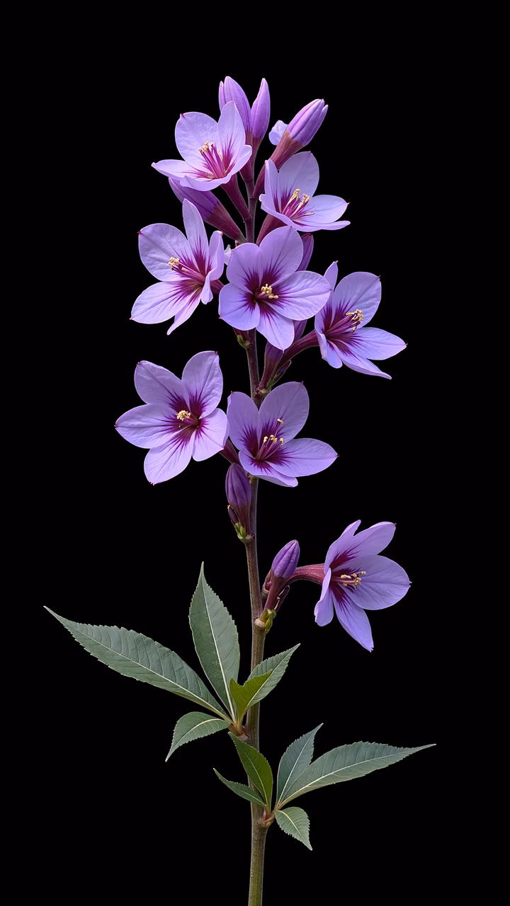 Vibrant purple flowers with intricate details and green leaves on a black background.