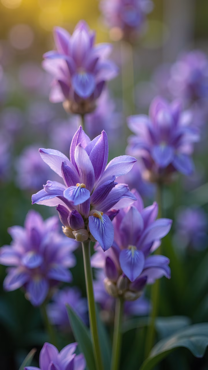 Delicate purple flowers in full bloom, soft hues, intricate details, serene atmosphere, natural elegance