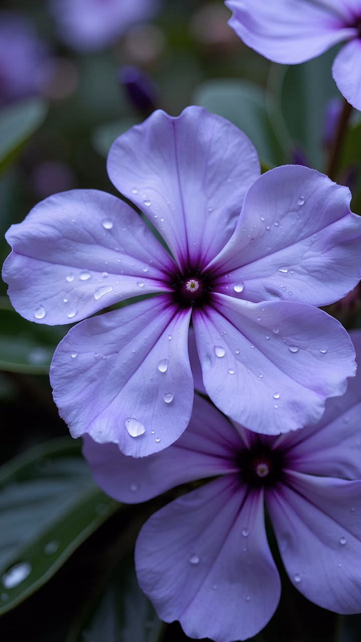 Close-up of purple flowers with dew drops, nature photography, serene atmosphere