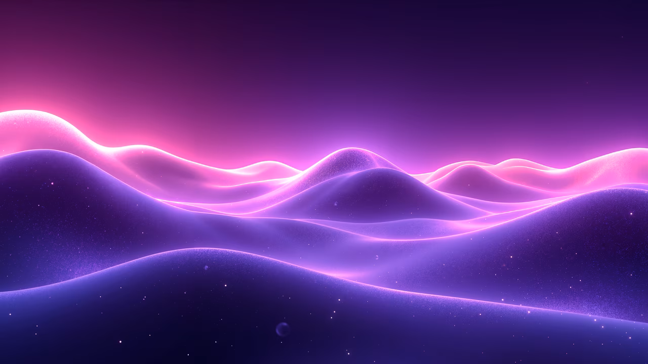 A serene purple landscape with rolling hills and a gentle pink glow, evoking tranquility and wonder.