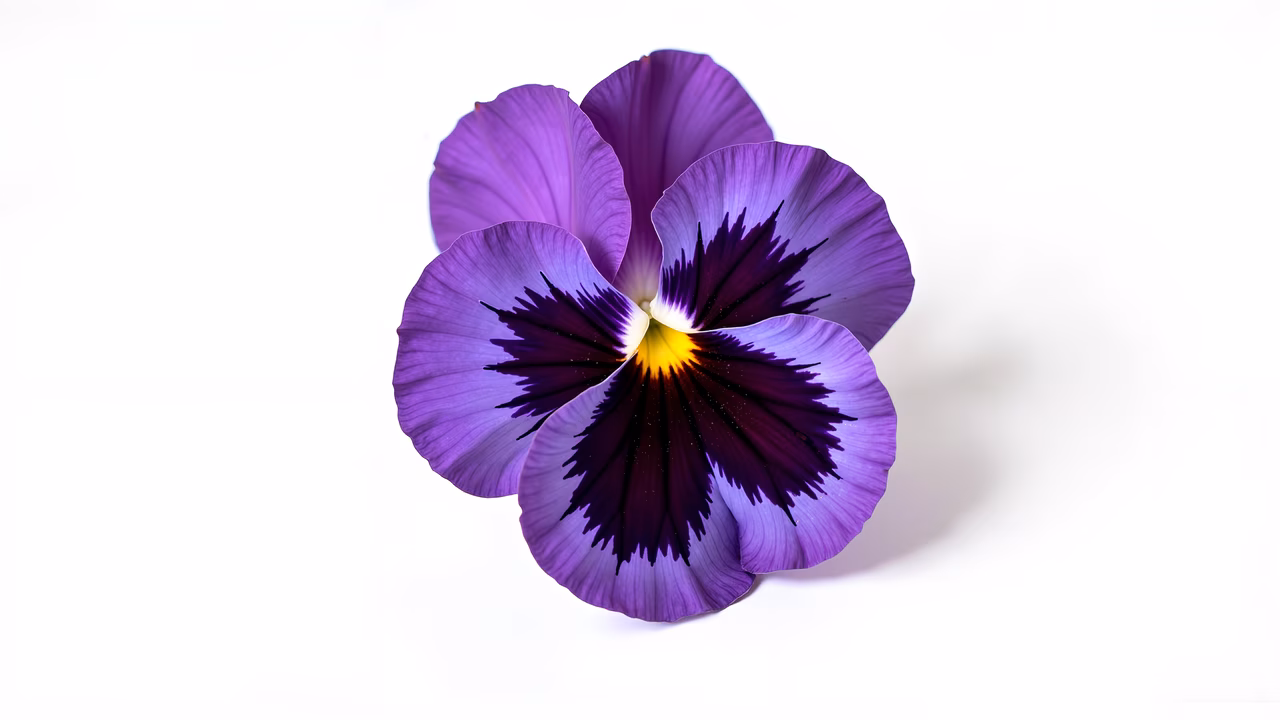Vibrant purple pansy illustration with detailed petals and gradient colors on a white background.