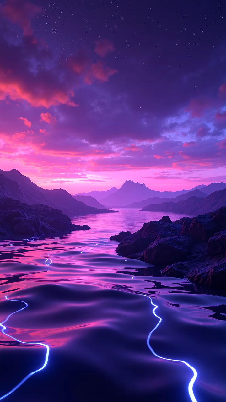 Vibrant purple sunset over tranquil waters and silhouetted mountains