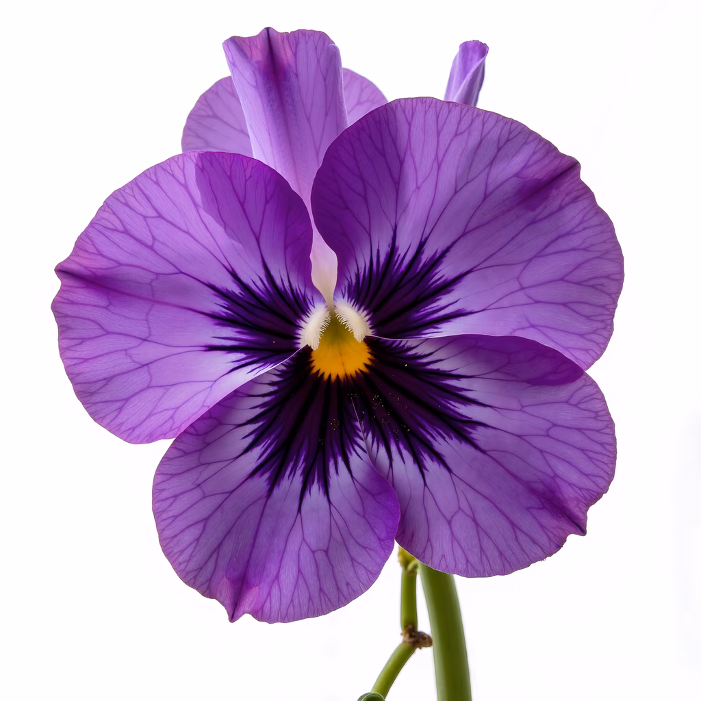 Vibrant purple viola flower illustration with intricate petal details and a bright yellow center.