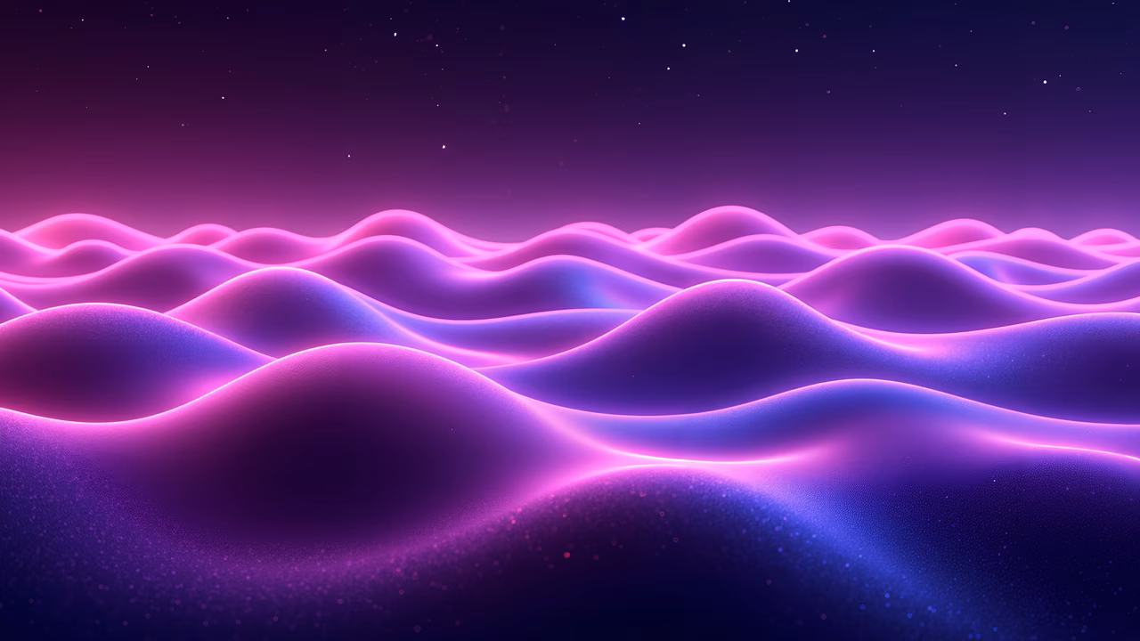Abstract art featuring smooth, undulating waves in shades of purple and pink, set against a dark background with subtle star-like specks.