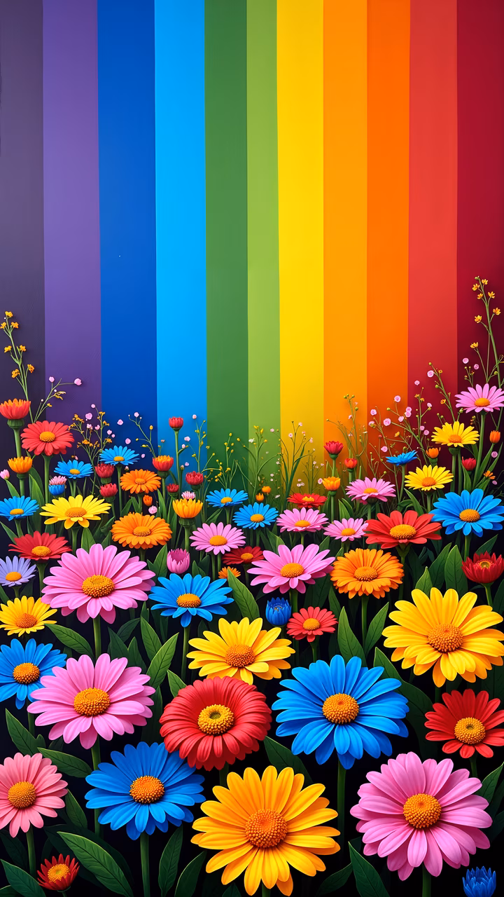 Vibrant rainbow-striped background with detailed colorful flowers, celebrating spring's joy and energy.