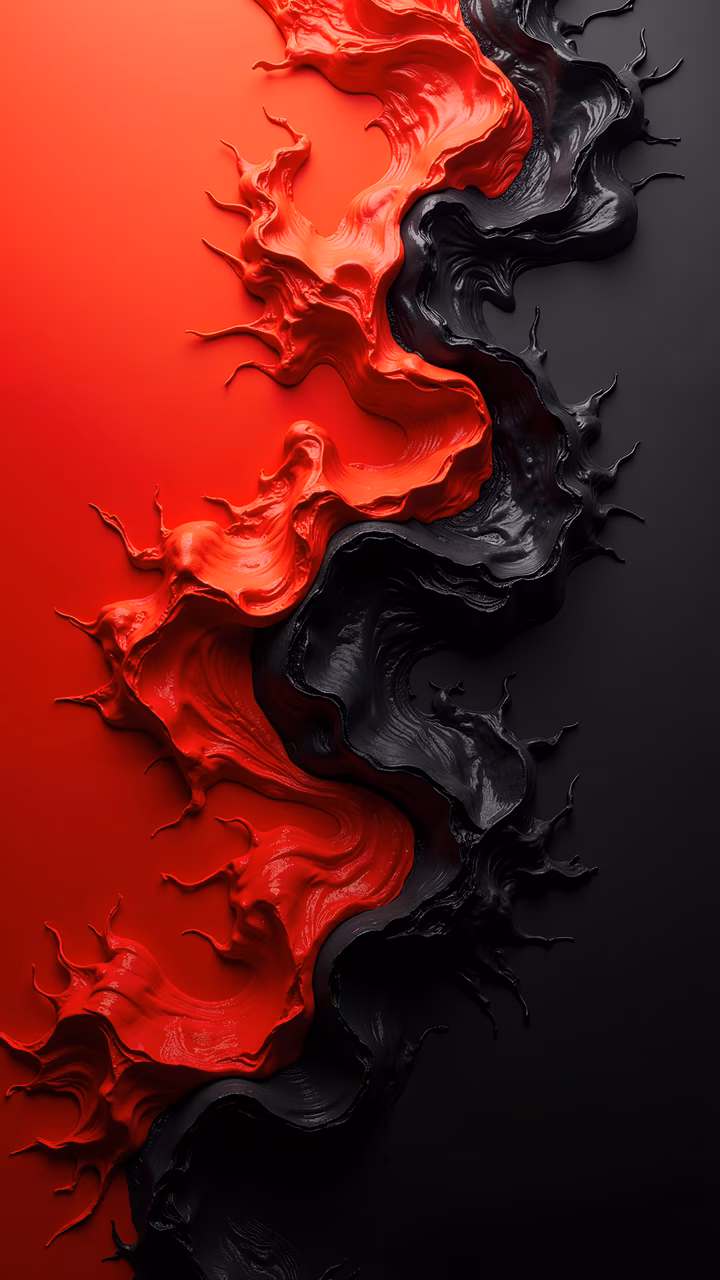 Dynamic red and black abstract art with bold contrasts and swirling patterns.