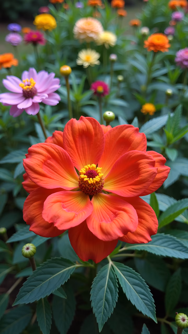 Vibrant red dahlia flower in a colorful garden setting