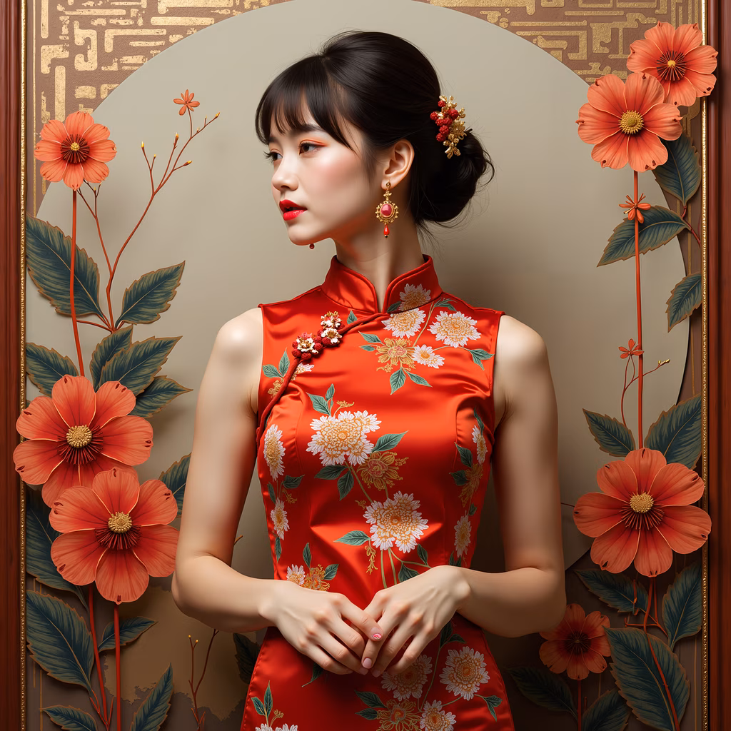 A woman in a red floral dress, traditional fashion illustration, elegance, cultural richness