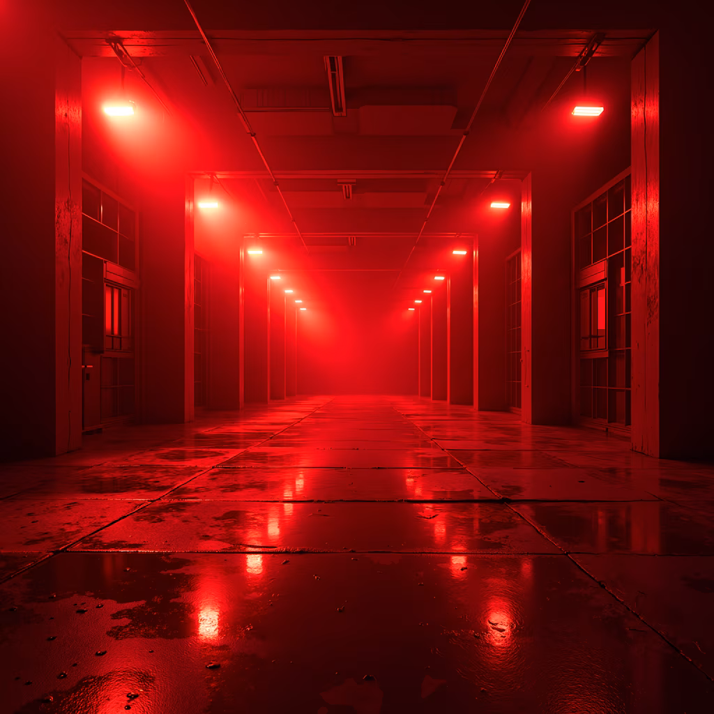 A red-lit hallway with fluorescent lights and wet floor, creating an eerie atmosphere.