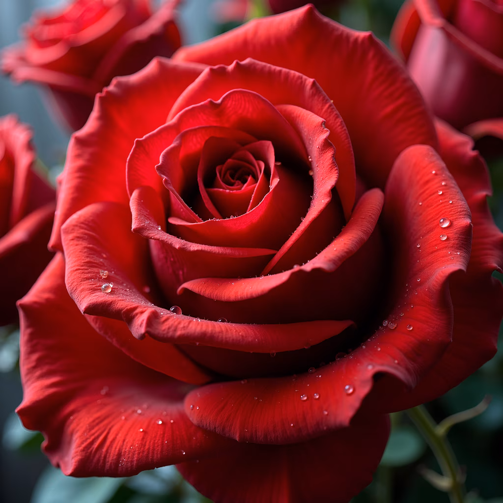 Close-up of a dew-drenched red rose, highlighting its intricate layers and delicate texture.