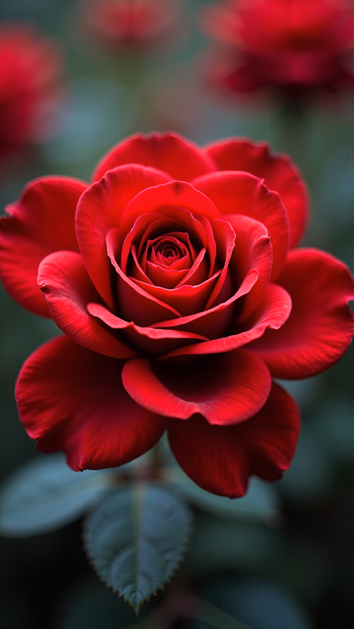 Close-up of a red rose with detailed petals and lush green leaves, emphasizing natural beauty and elegance.