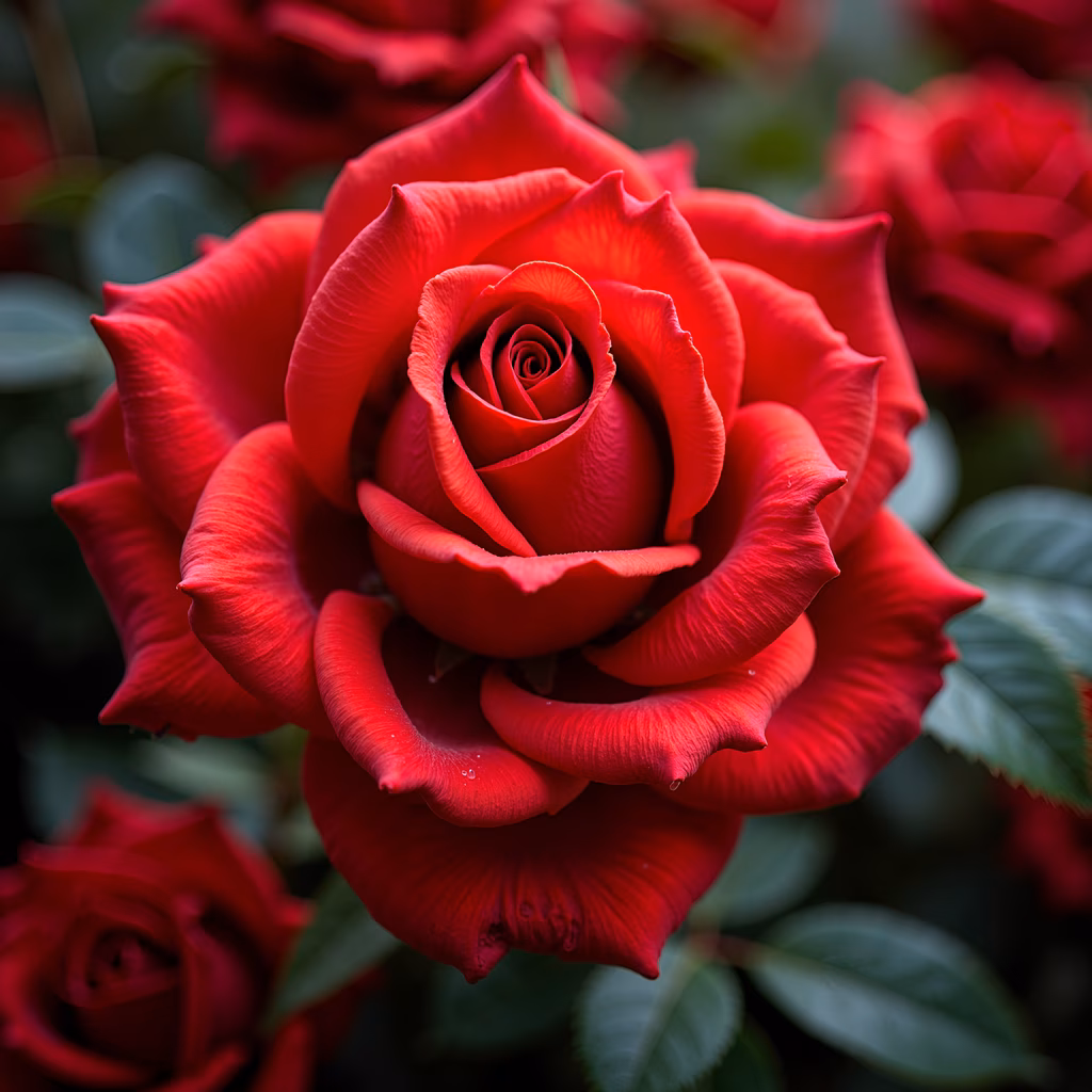 Close-up of a vibrant red rose, highlighting its intricate layers and delicate petals.
