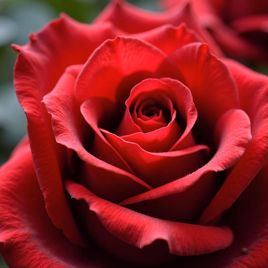 Close-up of a vibrant red rose with intricate details and warm tones, creating a serene and romantic atmosphere.