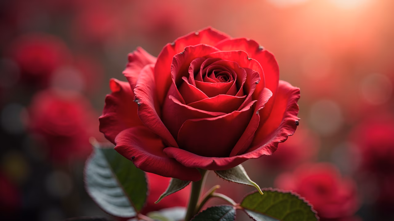 Close-up of a vibrant red rose with detailed petals and lush green leaves, set against a blurred background of more roses.