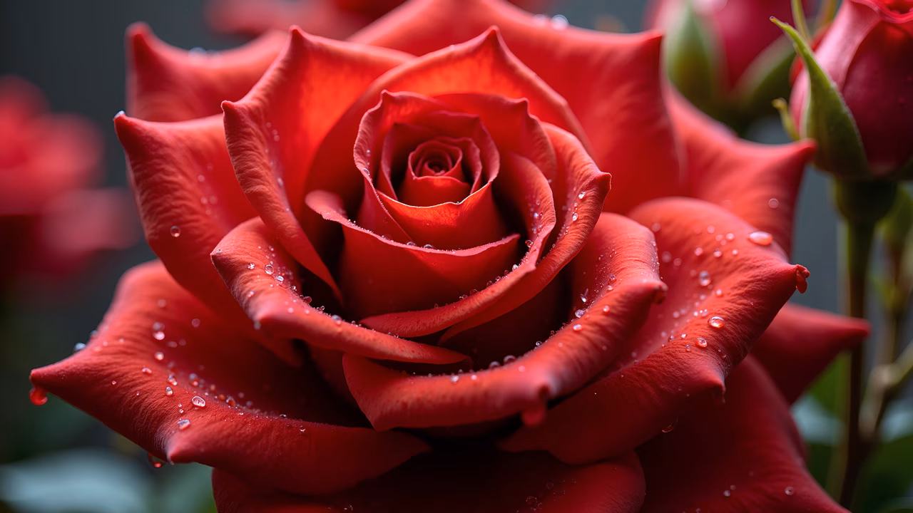 Close-up of a dew-drenched red rose, highlighting its delicate texture and vibrant color.