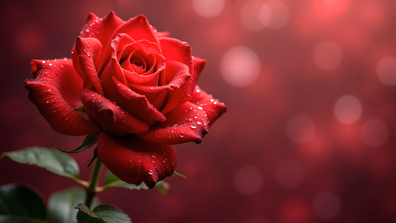 Close-up of a dew-drenched red rose on a soft pink and red background.