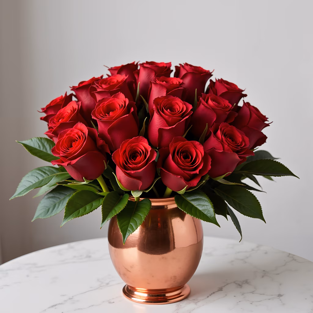 Vibrant red roses in a copper vase on a white marble surface