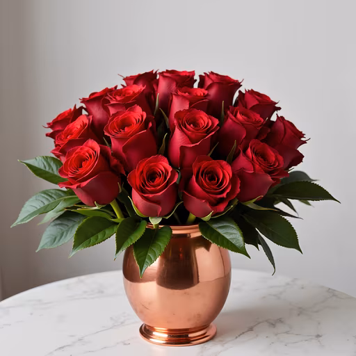 Red Roses in Copper Vase