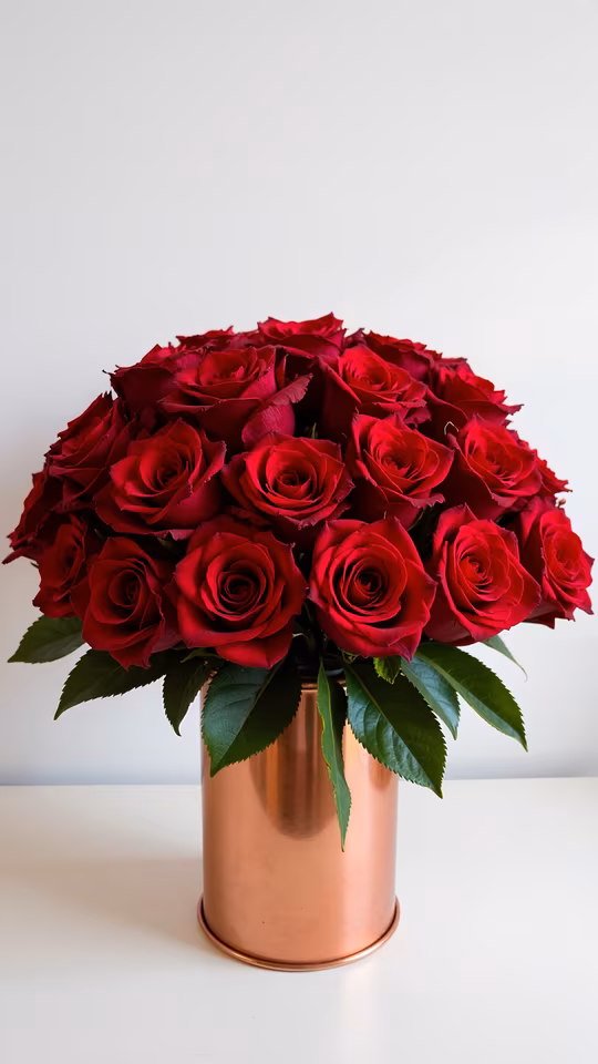 Red Roses in Copper Vase