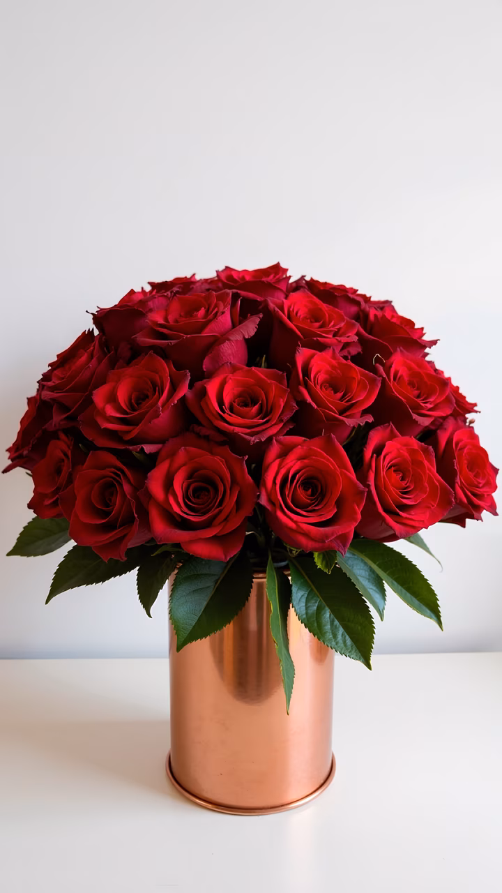 Vibrant red roses in a shiny copper vase on a white background