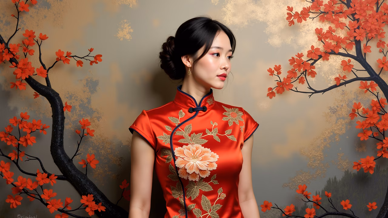 A woman in a red silk cheongsam with floral embroidery, set against blossoming branches, evoking a sense of tradition and elegance.