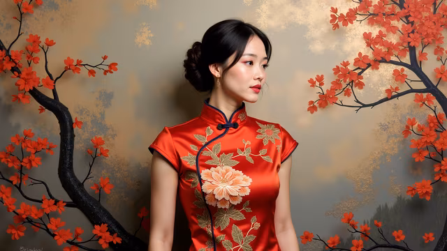 Red Silk Cheongsam with Blossoming Branches