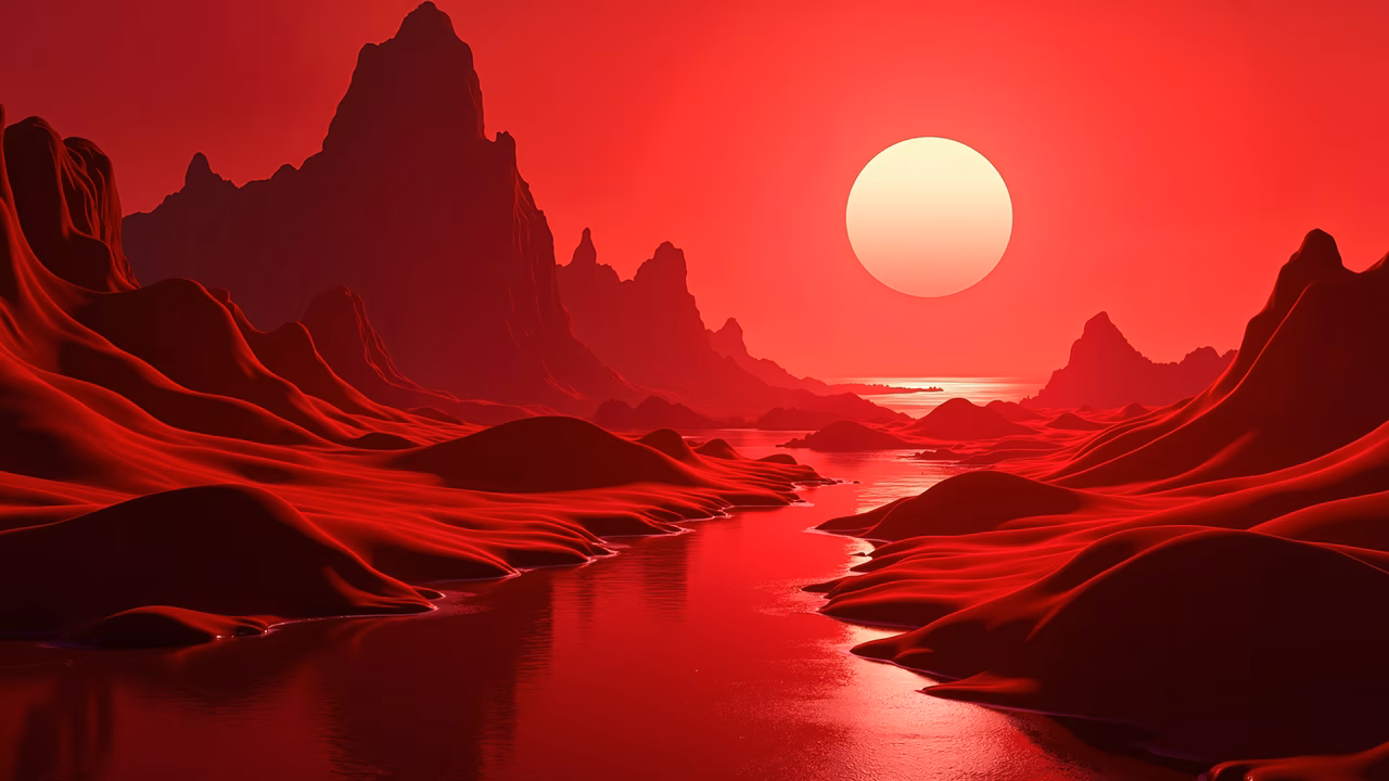 A mesmerizing red sunset landscape illustration featuring jagged mountains and a glowing sun.