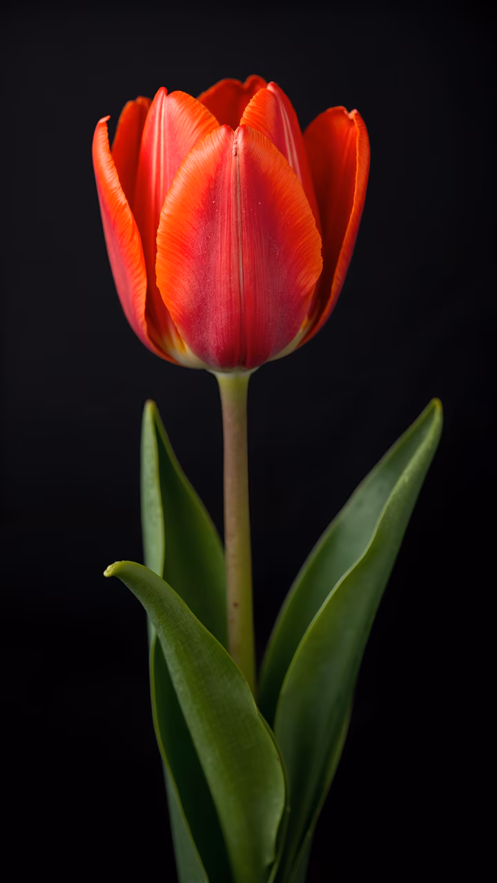 Vibrant red tulip with green leaves on a black background