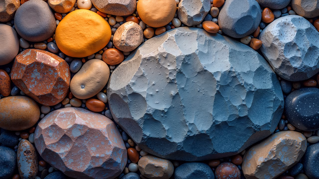 A detailed illustration of rocks and pebbles in various shapes and colors, highlighting their textures and natural beauty.