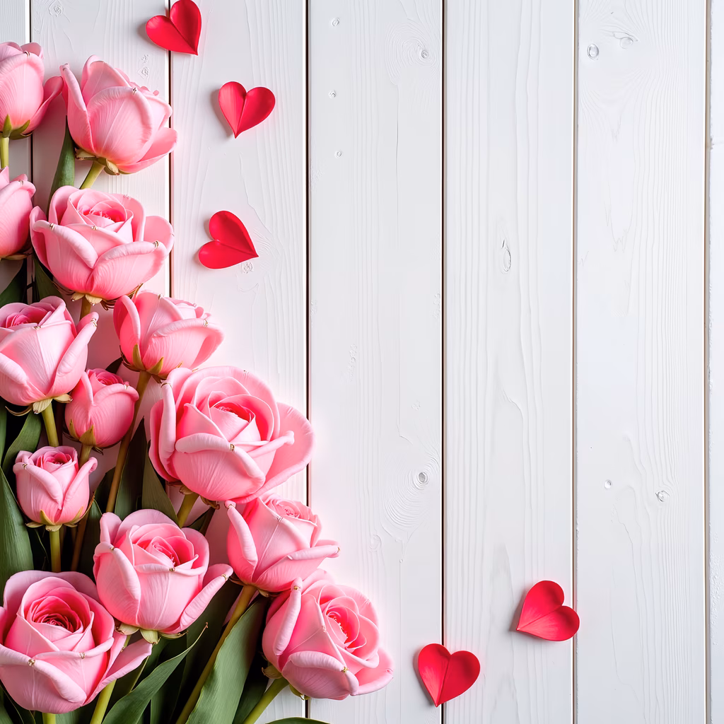 Romantic roses and hearts on a white wooden background, Valentine's Day theme