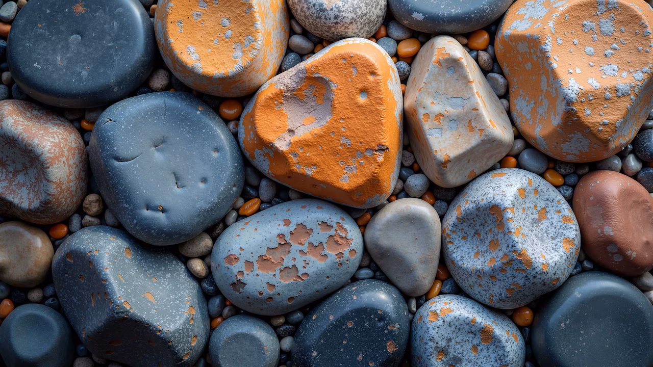 A collection of rustic pebbles with varied textures and colors, evoking natural beauty and tranquility.