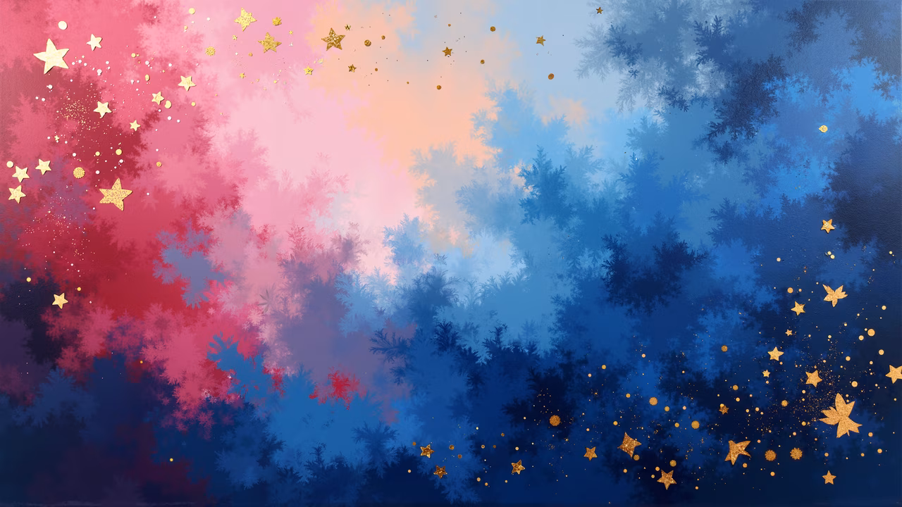 Mesmerizing snowflakes and stars against a gradient background, creating a serene and magical winter scene.